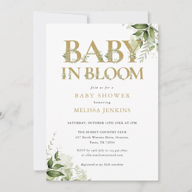 Invitación Bebé en flor Gold Greenery Baby Shower (Anverso)