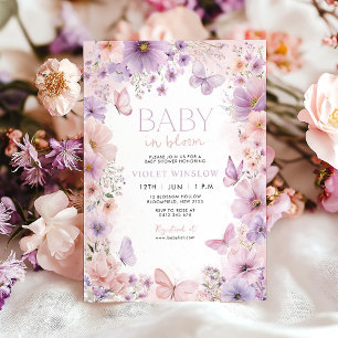 Invitación Bebé en flor mariposa Baby Shower morado