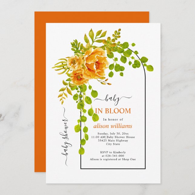 Invitación Bebé en flor naranja flores y ducha de bebé arco (Anverso / Reverso)