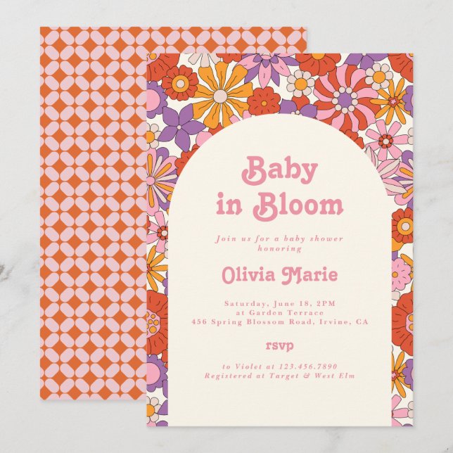 Invitación Bebé en Flor Retro Groovy Fiesta de Bienvenida con (Anverso / Reverso)