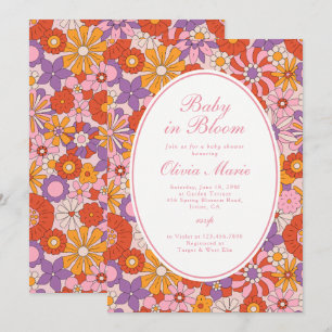 Invitación Bebé en Flor Retro Rosa Fiesta de Bebé Groovy