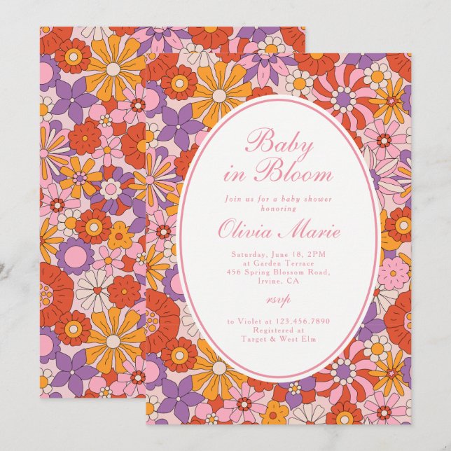 Invitación Bebé en Flor Retro Rosa Groovy Baby Shower (Anverso / Reverso)