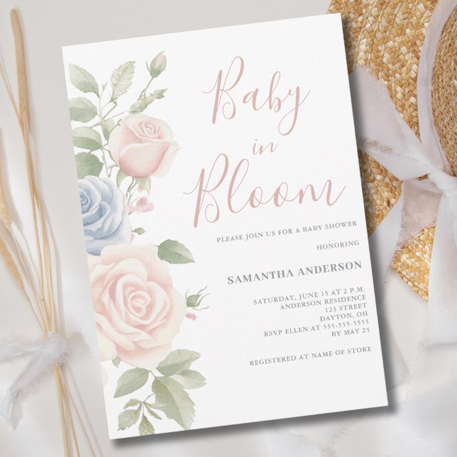 Invitación Bebé en Flor Rosa Azul Cumpleaños Floral (Subido por el creador)