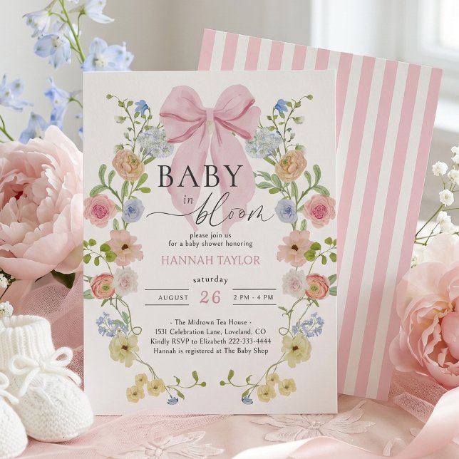 Invitación Bebé en Flor Rosa Cumpleaños de la Bebé con Lazo R (Subido por el creador)