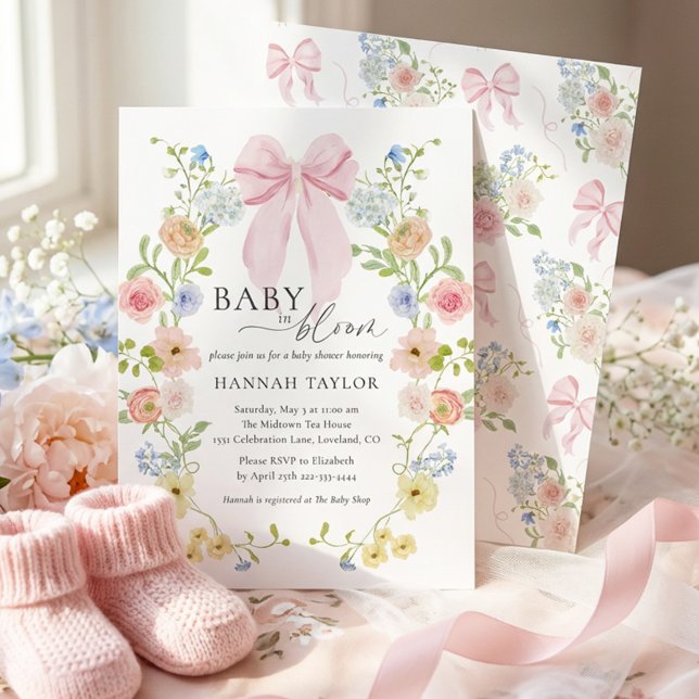 Invitación Bebé en Flor Rosa Cumpleaños de la Bebé con Lazo R (Subido por el creador)