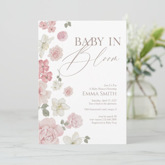 Invitación Bebé en Flor Rosa Fiesta de Bebé con Flores (Anverso de pie)