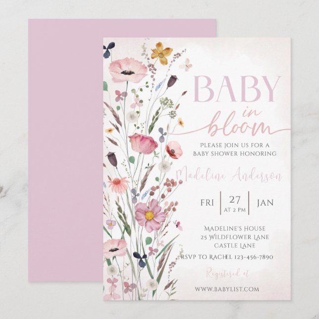 Invitación Bebé en Flor Rosa Fiesta de Bienvenida de Bebé Flo (Anverso / Reverso)