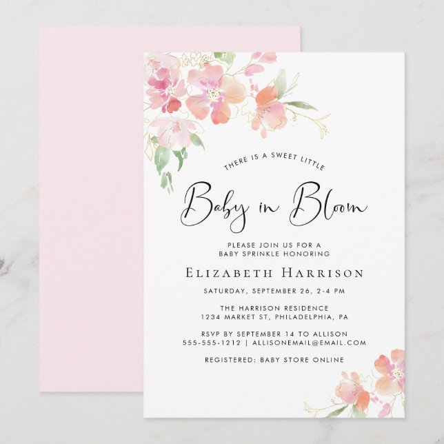 Invitación Bebé en flor rosada (Anverso / Reverso)