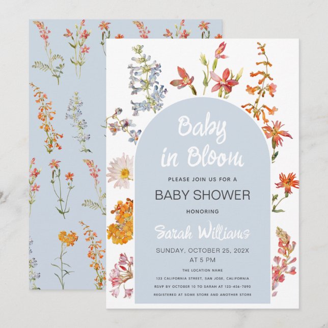 Invitación Bebé en flor salvaje Flor azul Arco niño ducha (Anverso / Reverso)