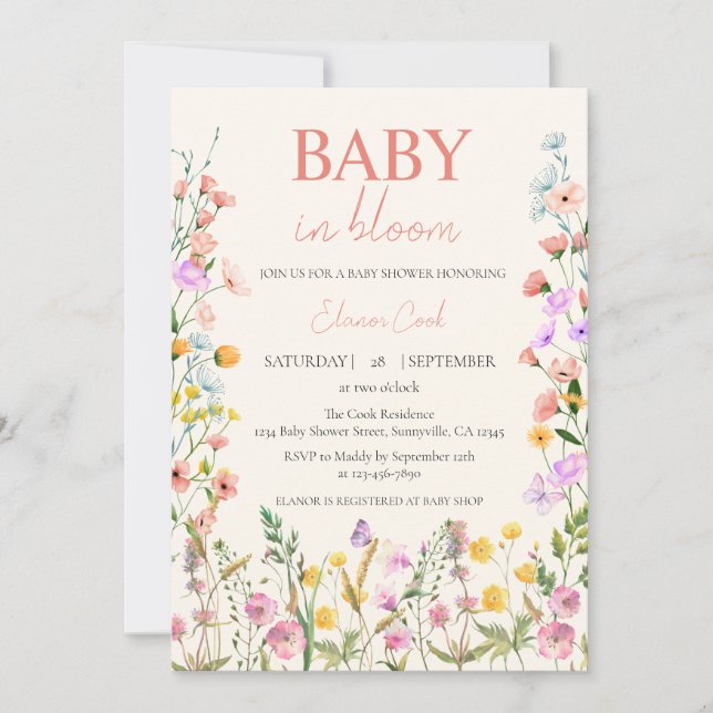 Invitación Bebé en flor silvestre Chica rosa QR Baby Shower (Anverso)