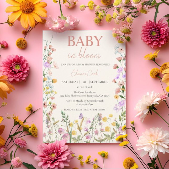 Invitación Bebé en flor silvestre Chica rosa QR Baby Shower (Subido por el creador)