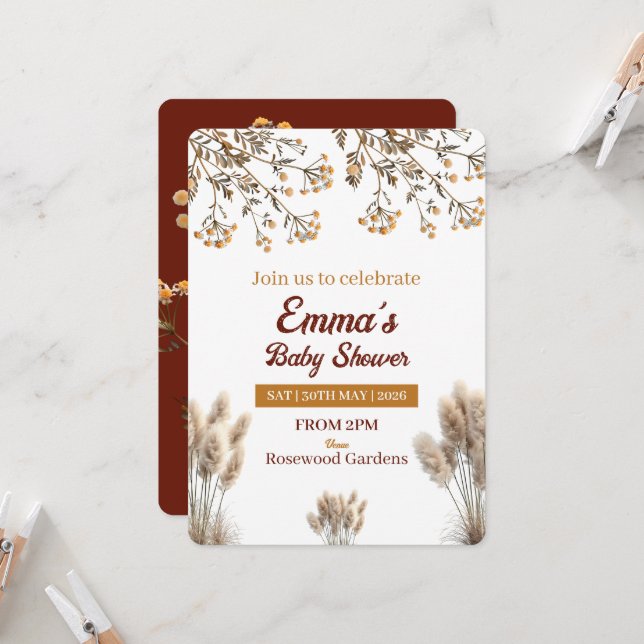 Invitación Bebé en Flor Silvestre Pampas Boho Fiesta de Revel (Anverso/Reverso In Situ)