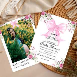 Invitación Bebé en flor tierna niña de acuarela con lazo rosa