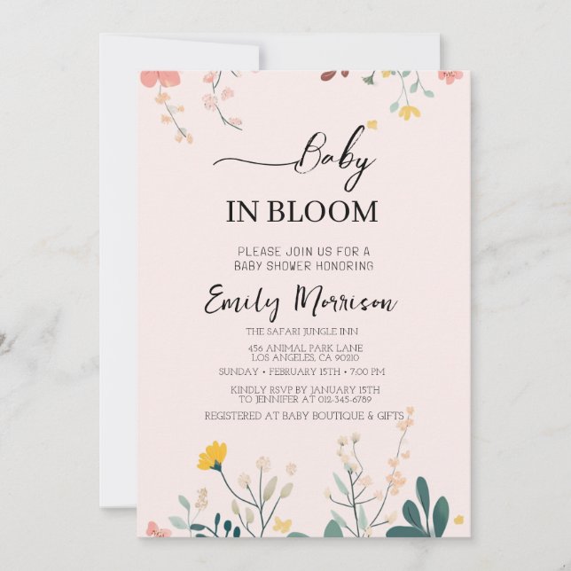 Invitación Bebé en flor y Baby Shower de flores (Anverso)