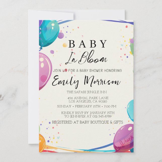 Invitación Bebé en flor y globos Baby Shower (Anverso)