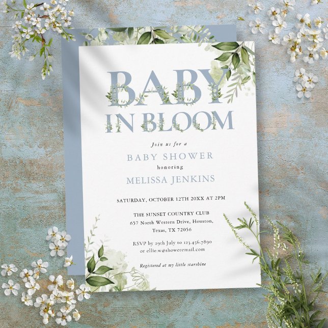 Invitación Bebé en floración, azul polvoriento y vegetación e (Baby In Bloom Dusty Blue Greenery Baby Shower Invitation)