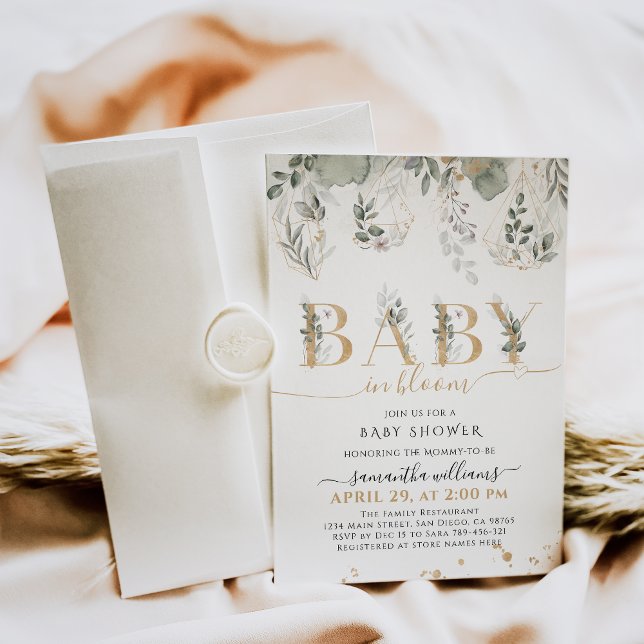 Invitación Bebé en floración Greenery & Gold Baby Shower (Subido por el creador)