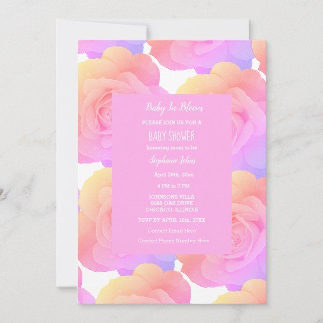 Invitación Bebé En Floral De Bloom Chicas De Baby Shower Rosa (Anverso)