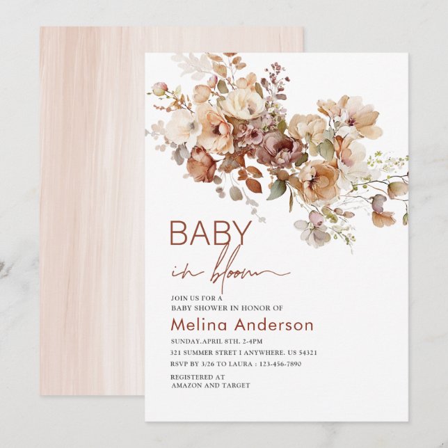 Invitación Bebé en flores de flor acuarela ducha bebé (Anverso / Reverso)