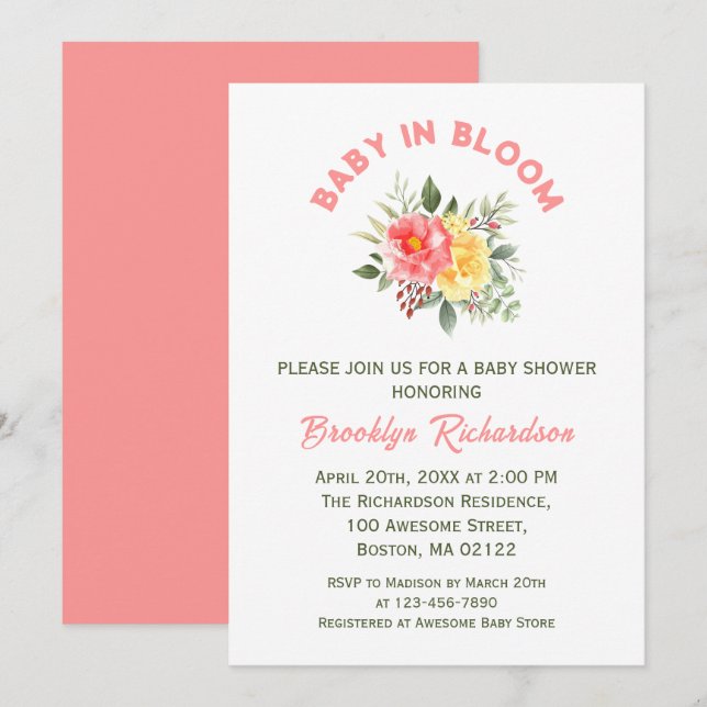 Invitación Bebé En Flores Florales En Bloom Baby Shower Botán (Anverso / Reverso)