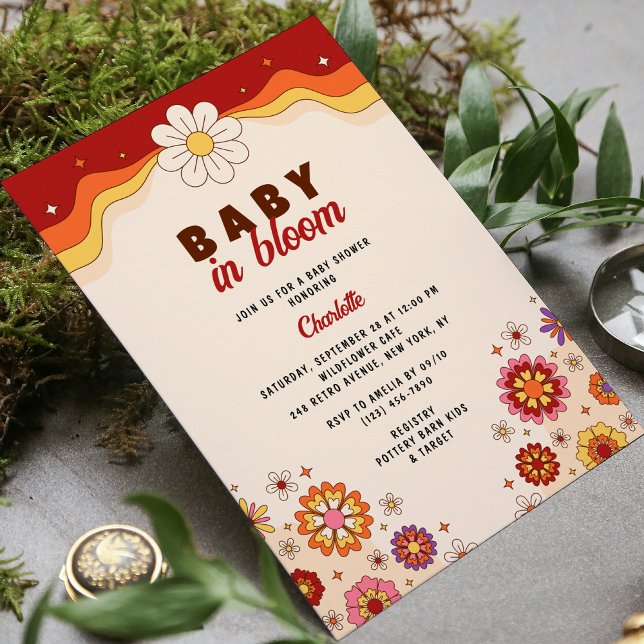 Invitación Bebé En Flores Hippie Retro De Bloom Groovy (Subido por el creador)