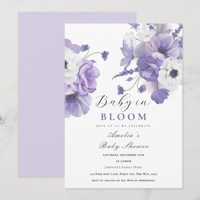 Invitación Bebé en florines Baby Shower elegant Purple (Anverso / Reverso)