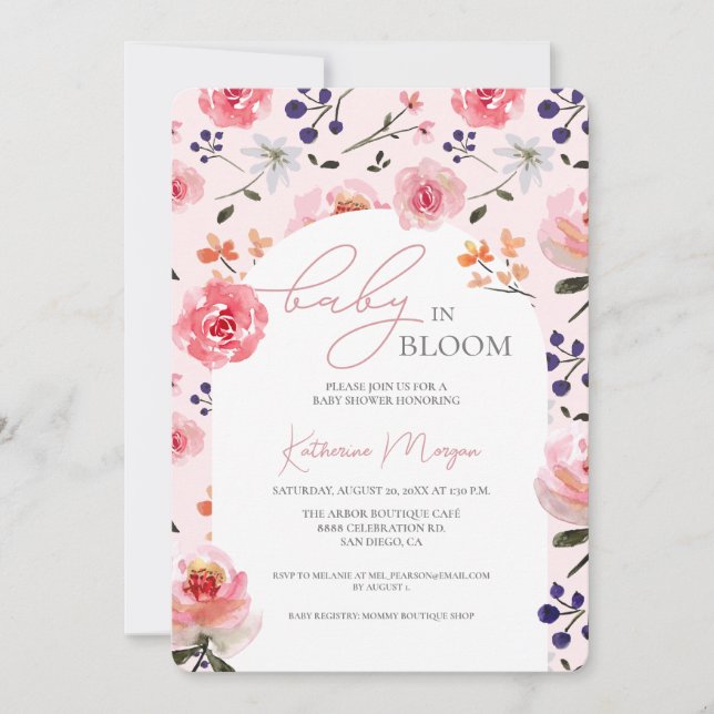 Invitación Bebé en la acuarela de Baby Shower rosa (Anverso)