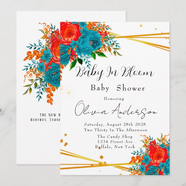 Invitación Bebé en la Baby Shower de Naranja Verde azulado en (Anverso / Reverso)