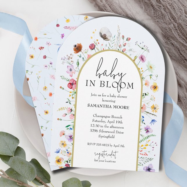 Invitación Bebé en la cima del arco de Baby Shower de Bloom W (Baby in Bloom Wildflowers Boy Baby Shower Arch Top Invitations - INSTANT DOWNLOAD, PRINTED or both)
