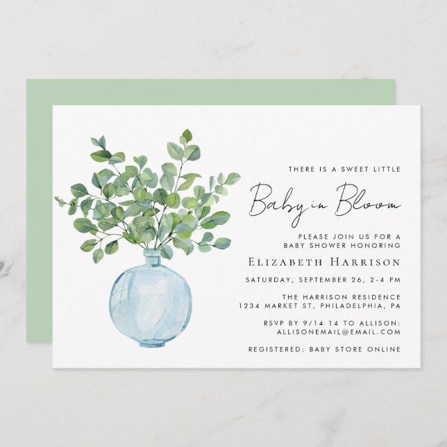 Invitación Bebé en la ducha acuarela de eucalipto en sangre (Anverso / Reverso)