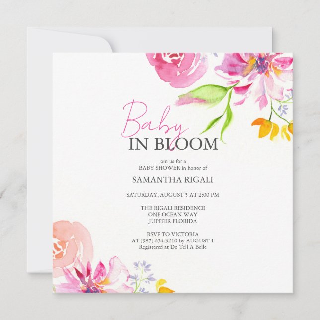 Invitación Bebé En La Ducha De Agua Floral De Bloom (Anverso)
