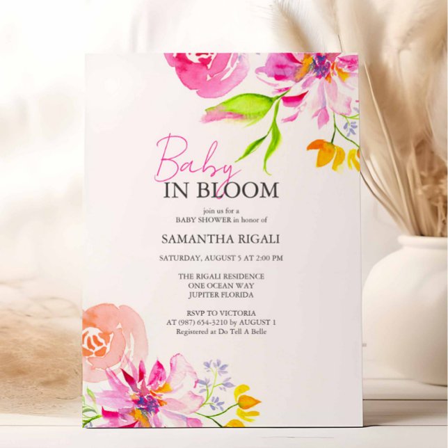 Invitación Bebé En La Ducha De Agua Floral De Bloom (Pink floral baby shower invitation features unique watercolor art by Victoria Grigaliunas)