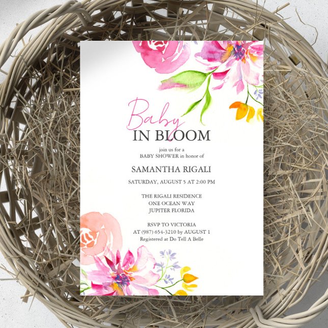 Invitación Bebé En La Ducha De Agua Floral De Bloom (Baby in bloom baby shower invitation features unique water pink floral by Victoria Grigaliunas)