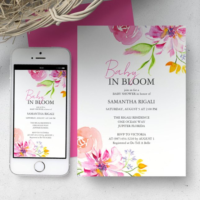 Invitación Bebé En La Ducha De Agua Floral De Bloom (Baby in bloom baby shower invite order printed cards or a digital download by Victoria Grigaliunas)