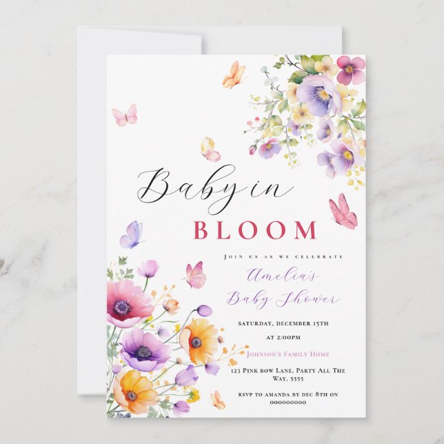 Invitación Bebé en la flor de Baby Shower mariposa en Bloom (Anverso)