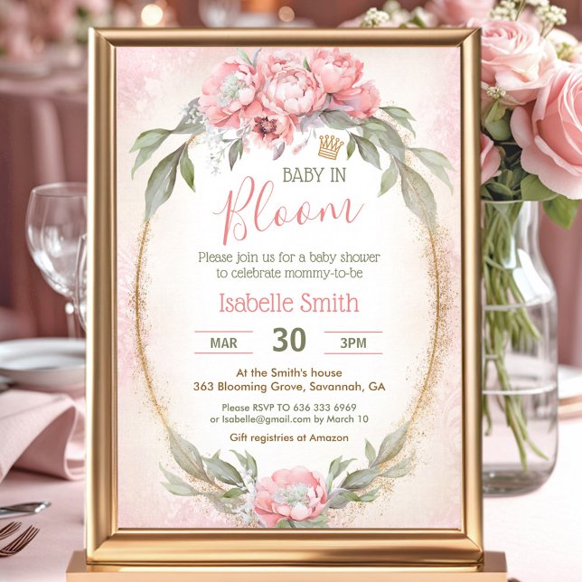 Invitación Bebé en la floral floral elegante Chica rosa Baby  (Baby In Bloom Floral Elegant Pink Girl Baby Shower Invitation)