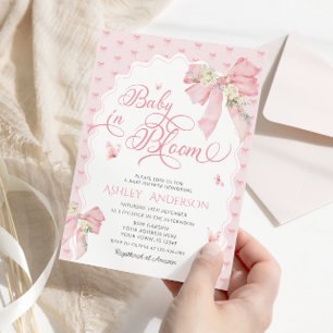 Invitación Bebé en la floral floral Rubor Pink Bow Baby Showe
