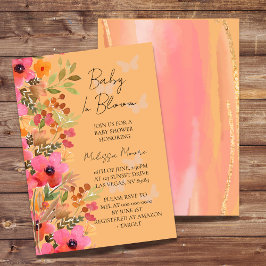 Invitación Bebé en mariposa florida, melocotones y flores ros