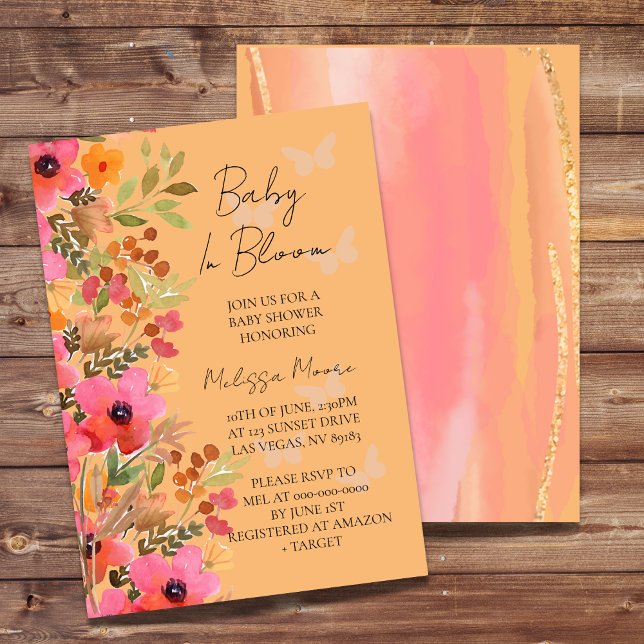 Invitación Bebé en mariposa florida, melocotones y flores ros (Subido por el creador)