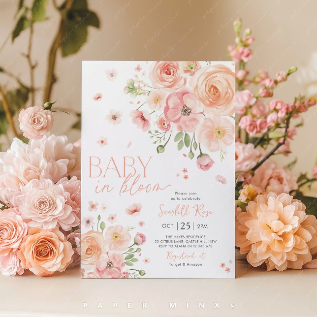 Invitación Bebé en rosa de Baby Shower floral (Baby in Bloom Floral Baby Shower Invitation)