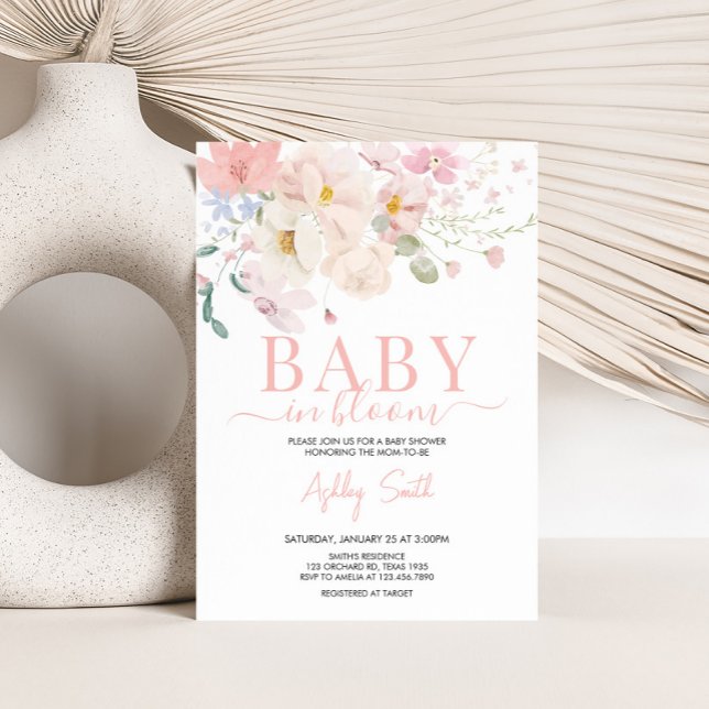 Invitación Bebé en Rubor con un Baby Shower floral rosa (Blush Pink Floral Baby in Bloom Baby Shower Invitation)