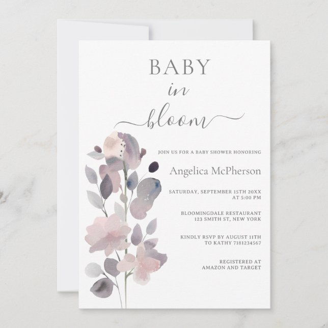 INVITACIÓN BEBÉ EN SALÓN ASH PASTEL ROSA PURPLE FLORAL DE RUB (Anverso)