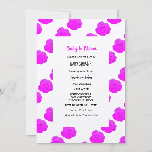 Invitación Bebé en sangre Baby Shower Pink Purple Rosas Silve (Anverso)