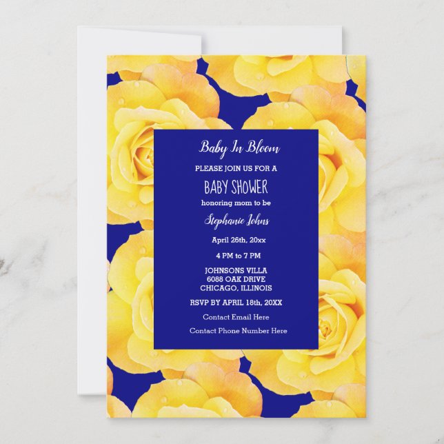 Invitación Bebé en sangre Baby Shower Roses dorados azules (Anverso)