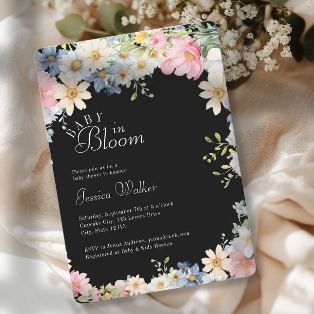 Invitación ¡BEBÉ EN SANGRE! Flor silvestre, Baby Shower (BABY IN BLOOM! Wildflower, Watercolor, White + Pastel, Baby Shower Invitation.)