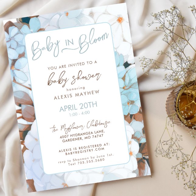 Invitación Bebé en un Baby Shower floral azul y agitado (Subido por el creador)