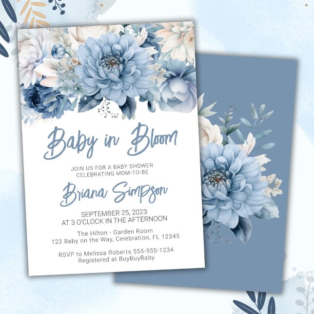 Invitación Bebé en un Baby Shower floral azul y agitado (Subido por el creador)