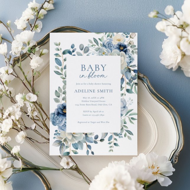 Invitación Bebé en un Baby Shower floral azul y agitado (Subido por el creador)