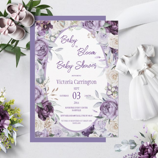 Invitación Bebé en un Baby Shower moderno morado en flor (Subido por el creador)
