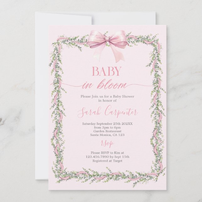 Invitación Bebé en un Chica de Baby Shower Bow (Anverso)